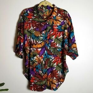 Vintage golden wings tropical print floral button down shirt, women's XL